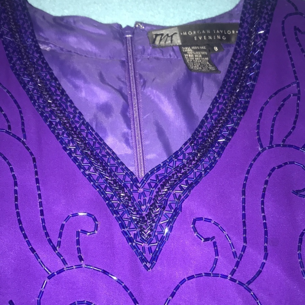 MORGAN TAYLOR Evening dress silk beaded long sleeve V-neck vintage size 8 - Picture 3 of 12